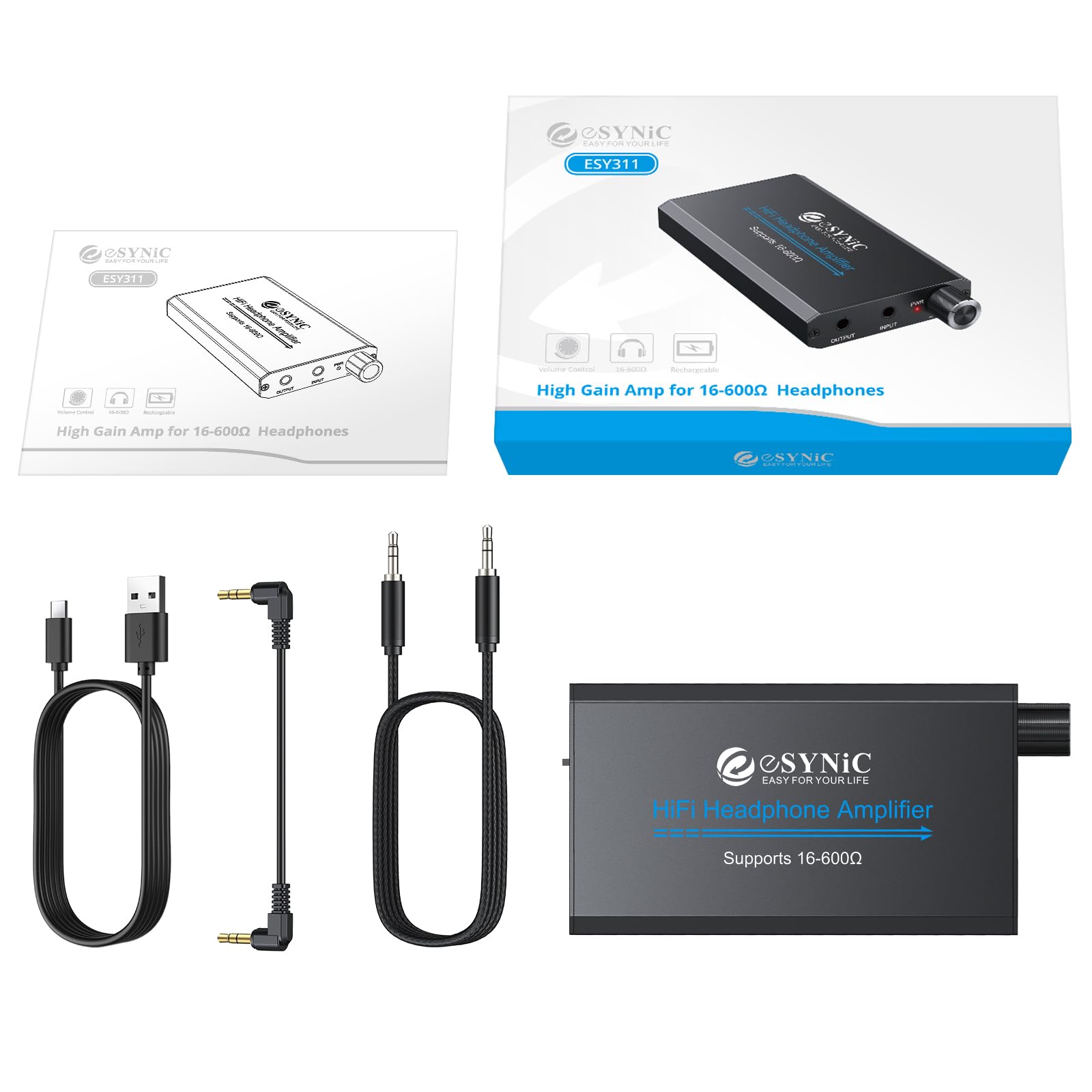 eSynic Ampli Casque Portable 16-600Ω Commutateur de Gain Amplificateur de Casque HiFi Interface Stéréo 3,5 mm Batterie au Lithium Amplificateur Audio Professionnel pour MP3 MP4 Téléphones Ordinateurs