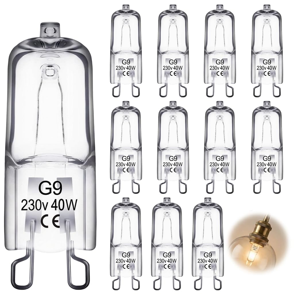 glonest G9 Halogen Bulbs 40W, 12 Pack G9 Capsule Light Bulb, 230V Dimmable 2700K Warm White, 480LM Clear Glass 2 Pin Base, Non-Flicker Oven Bulb for Wax Melt Burner, Chandelier, Home Lighting