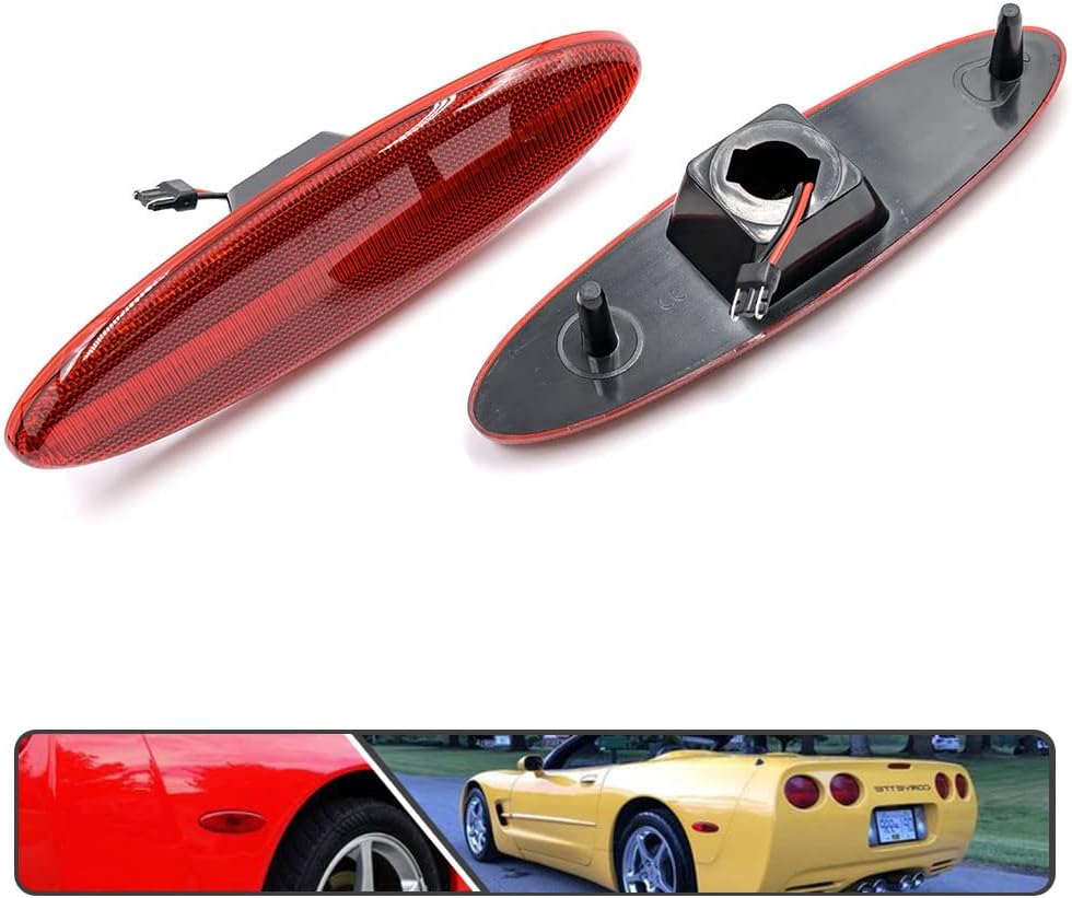 2Pcs Full Led Red Lens Rear Bumper Side Marker Lights for Chevy Corvette C5 1997-2004, Powered by 50-SMD LED, Replace OEM Back Sidemarker Lamps,OEM# 16523536 16524722