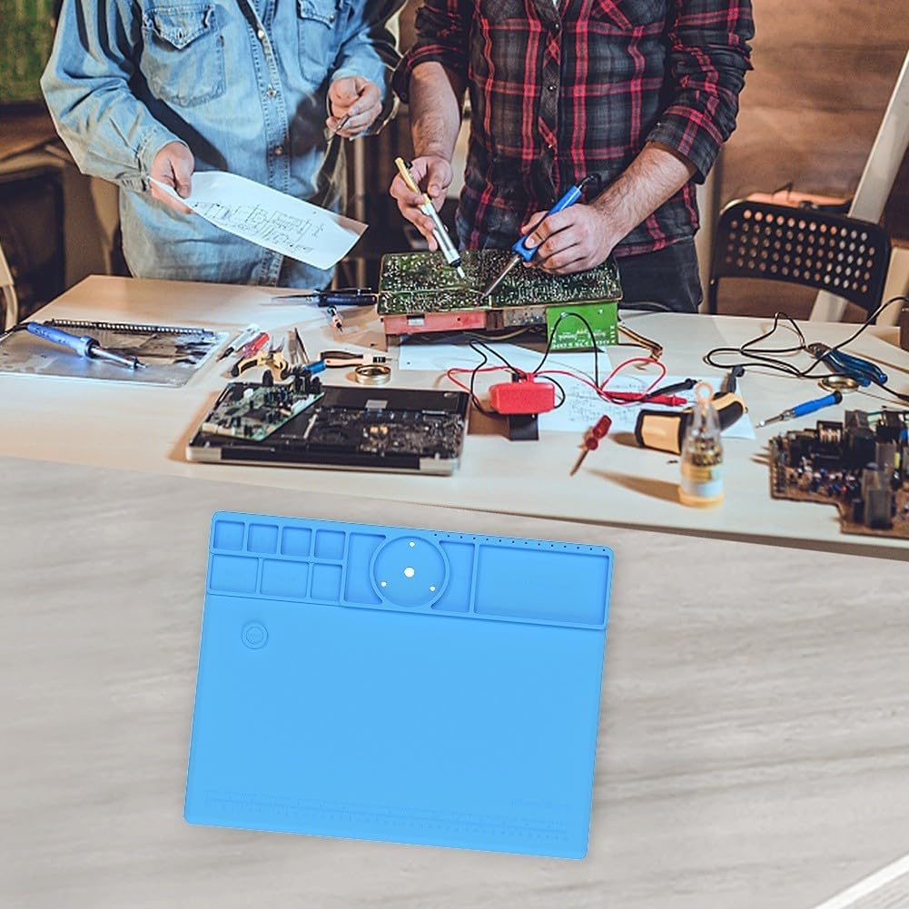 Widerstandsfähige Silikon-Lötmatte 45x35 cm, Hitzebeständige Arbeitsunterlage für Elektronik-Reparatur, Rutschfeste Isoliermatte für Lötkolben und Bauteile, Blau