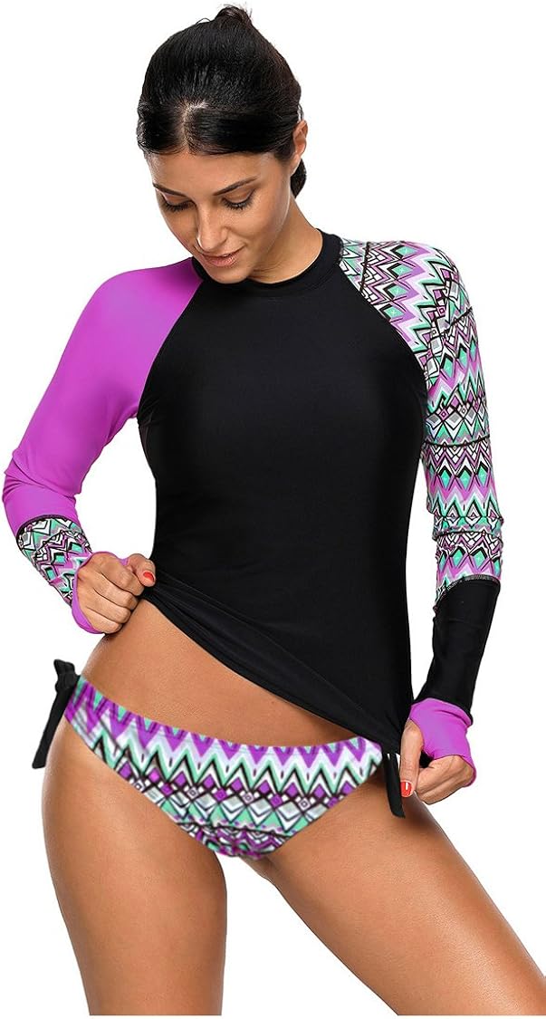 Obosoyo Womens Long Sleeve Rash Guard UPF 50+ Rashguards Plus Size Vibrant Print Tankini Swimsuit