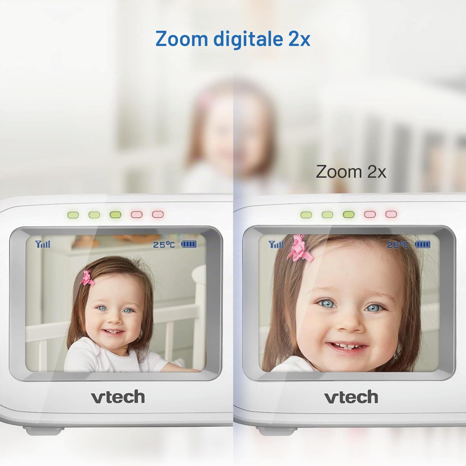 VTech Baby Monitor con Display 2,4", Visione Notturna, Comunicazione Bidirezionale, Sensore di Temperatura, Indicatore Sonoro, Raggio Fino a 300m, Suoni Rilassanti e Ninne Nanne, Senza Wi-Fi: VM320