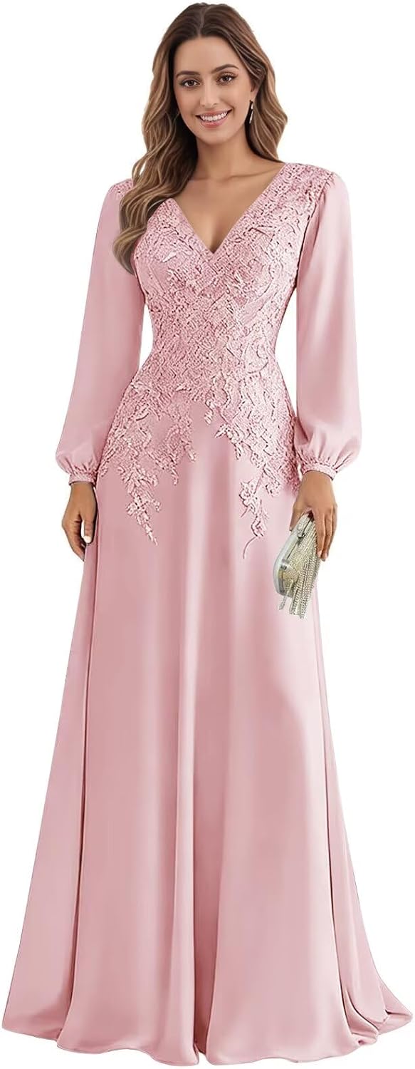 Appliques Chiffon Mother of The Bride Dresses Long Sleeves V-Neck Wedding Guest Dress
