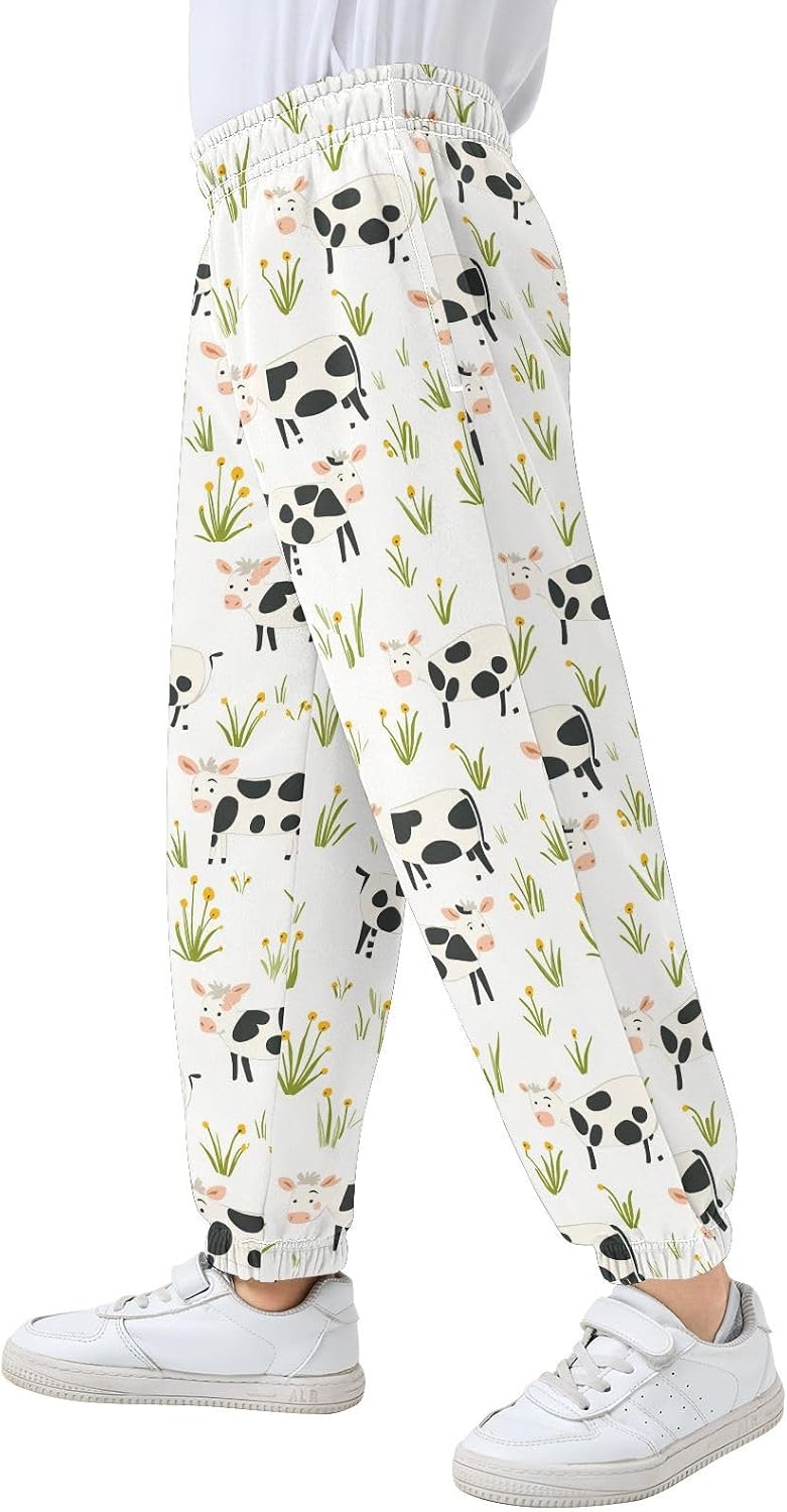 Boy Sweatpants Cow Green Leaf Flowers Joggers Casual Athletic Pants Kids Elastic Waist Cuffed with Pockets