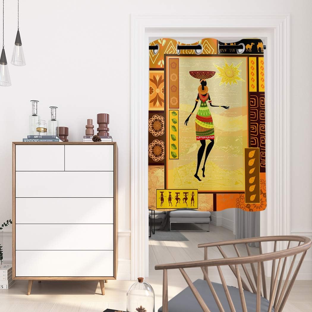 Wide Blackout Curtain for Sliding Glass Door Living Room Bedroom Thermal Insulated Blackout Patio Door Curtain Panel, 52x84 Inch African Women Ethnic Pattern