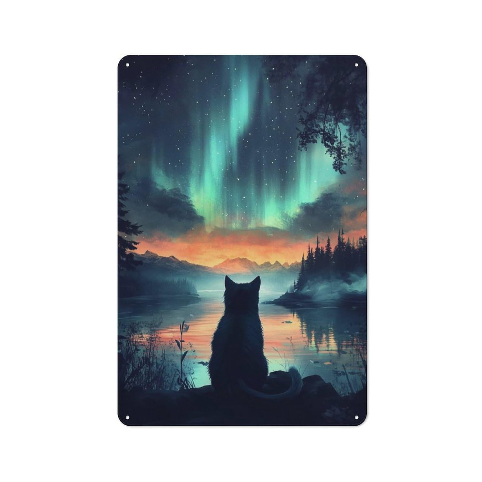 Junmoney Cat Under Aurora Borealis Northern Lights Rustic Metal Sign 30X20cm For Lounge Or Reading Corner, For Reading Corner Decorators
