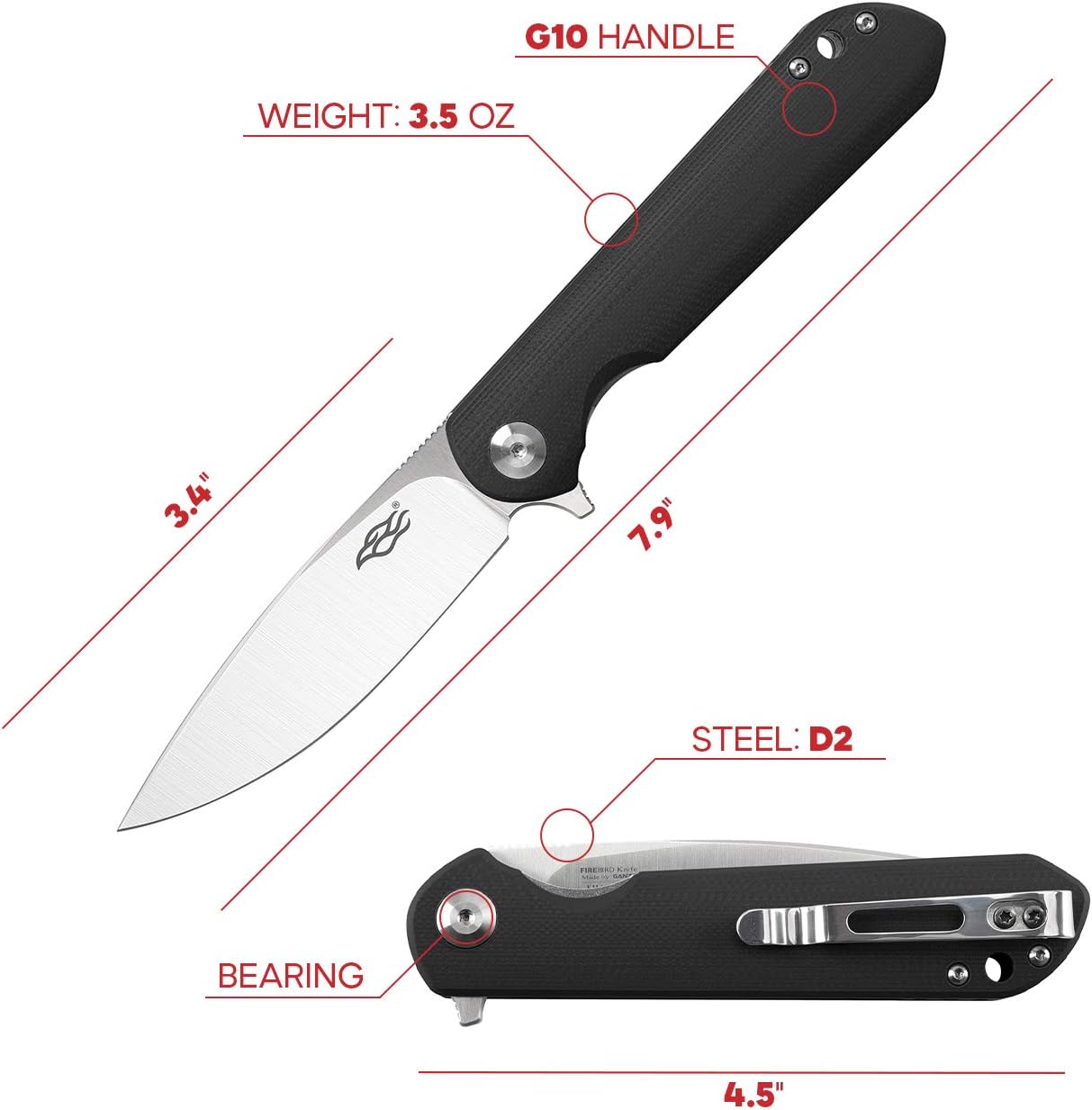GANZO Firebird FH41-CF Pocket Folding Knife D2 Steel Blade G10 Anti-Slip Handle with Clip Fishing Hunting Camping Outdoor Flipper EDC Pocket Knife Best Gift for Men(Carbon Fiber)