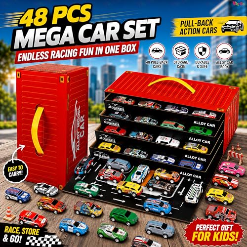 Image of VikriDA 48-Piece Pull Back Car Toy Set for Kids 3+ Years, Mini Racing Cars Bulk Pack, Friction Powered Pull Back Vehicles, Educational Learning Toys, Birthday Return Gifts for Boys & Girls