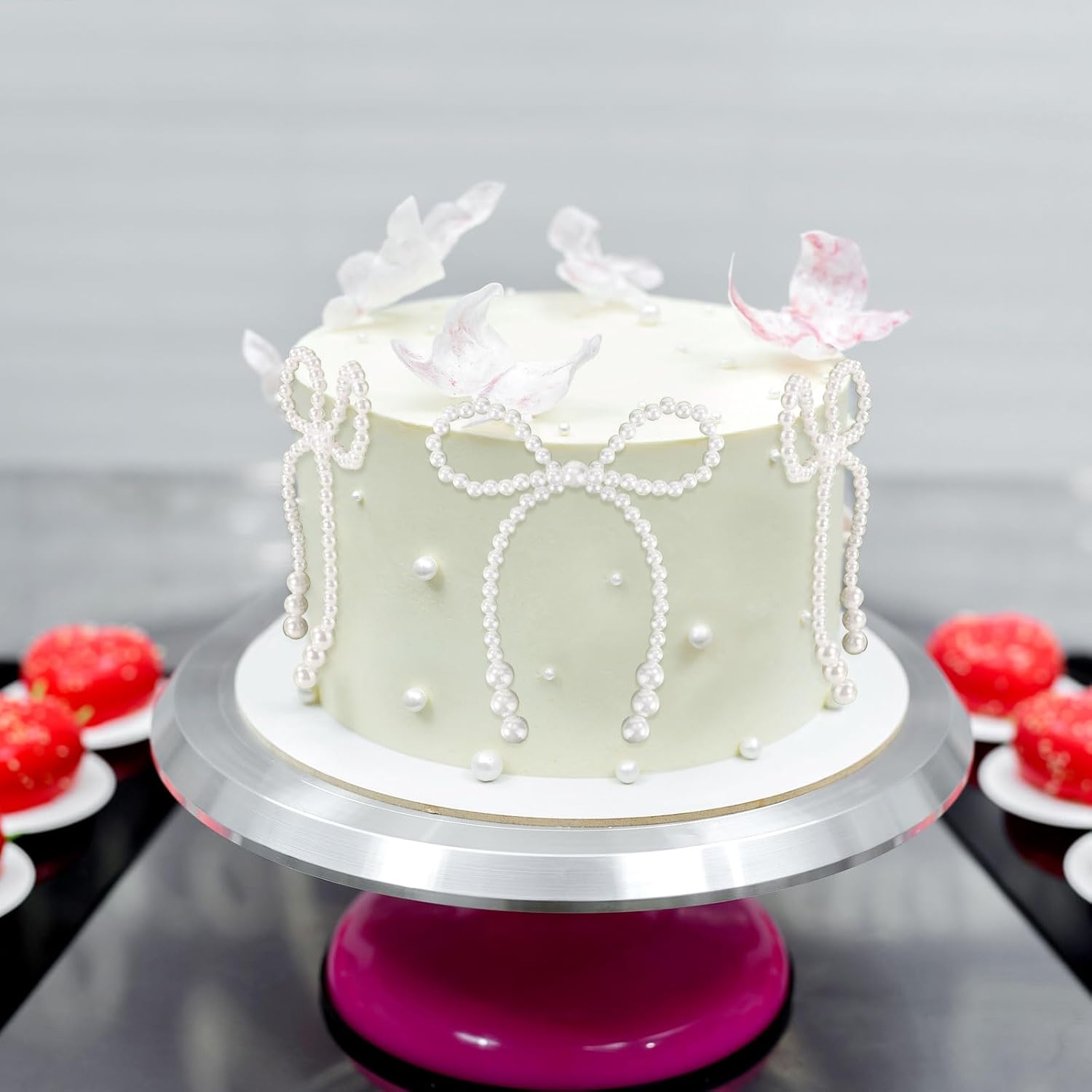 Condition photo showing New/Like New for 5 pcs pearl bow cake decoration, elegant white imitation pearl bow cupcake toppers coquette party bouquets decor for wedding bridal shower birthday decoration supplies