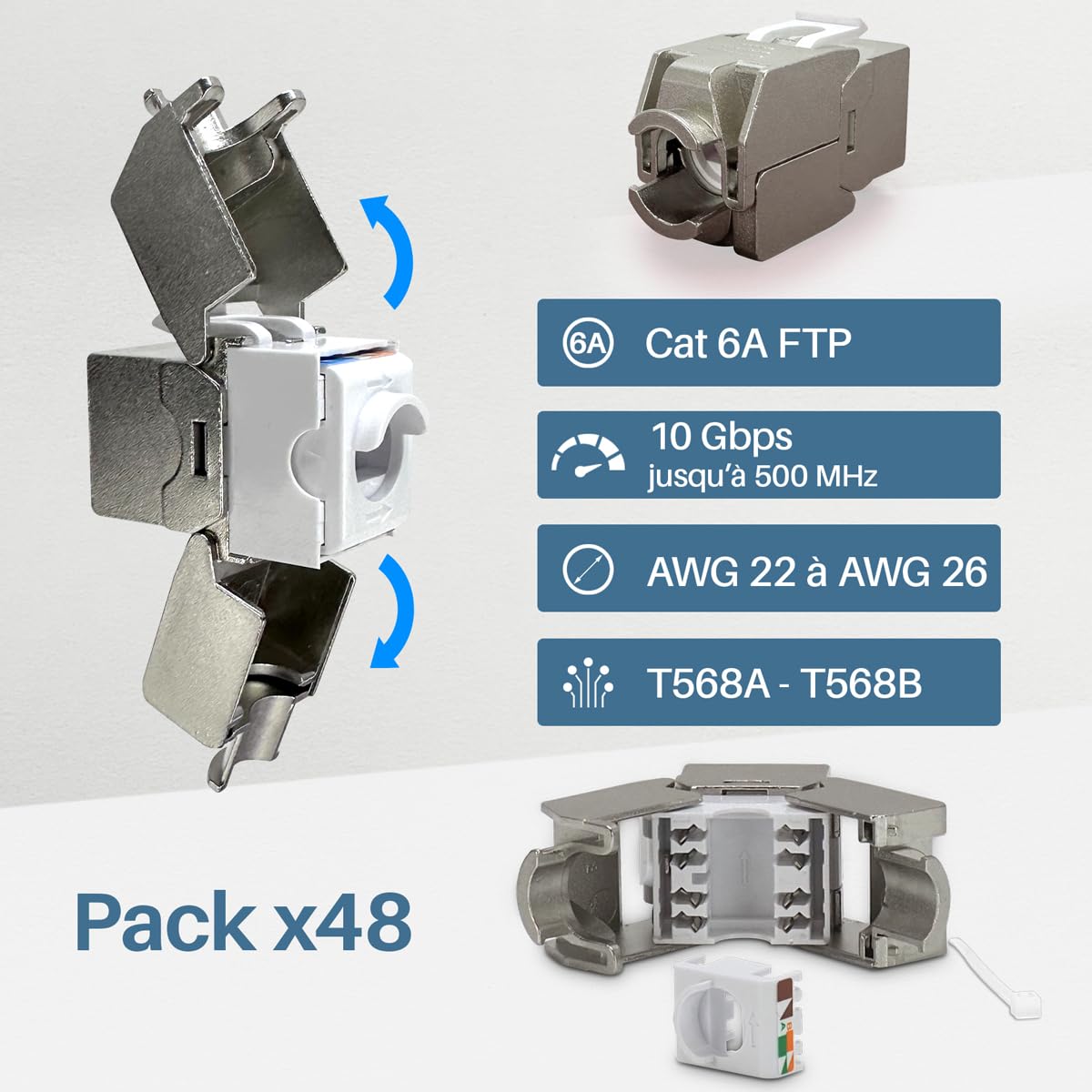 Waytex - Cabezales Keystone RJ45 Cat6a FTP (48 unidades, conectores blindados de metal zinc, niquelado, 10 Gbps 500 MHz, blindados FTP - T568 A/B AWG22-26 con bridas