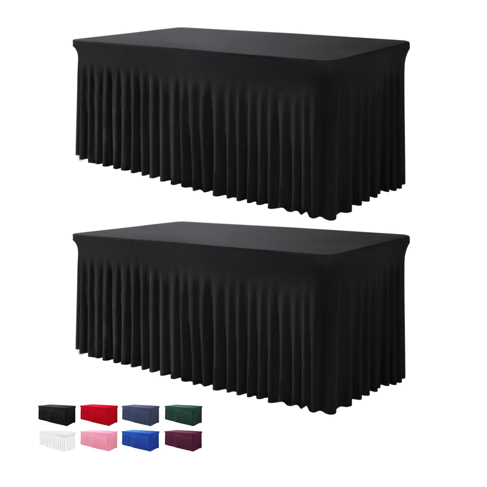 2 Pack Table Skirts for Rectangle Tables 4ft - One-Piece Black Table Covers for 4 Foot Tables, Wrinkle Resistant Ruffles Elastic Table Cover and Table Skirt for Banquets, Parties