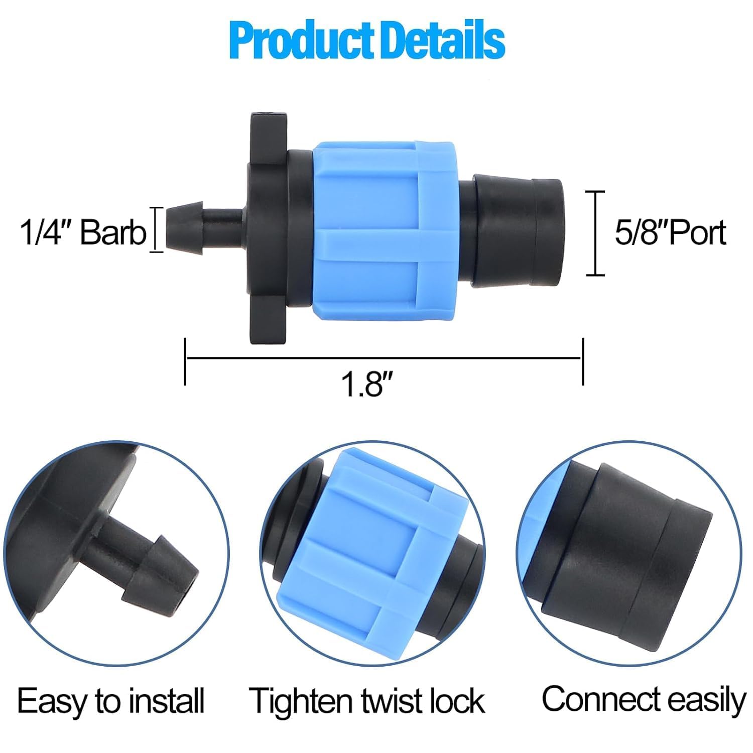 105PCS 5/8" Drip Irrigation Tape Connector Fitting Kit Include 50PCS Connectors,50PCS Tape Row Ends,5PCS Irrigation Coupling Irrigation Equipment for 5/8" Drip Line Garden Irrigation