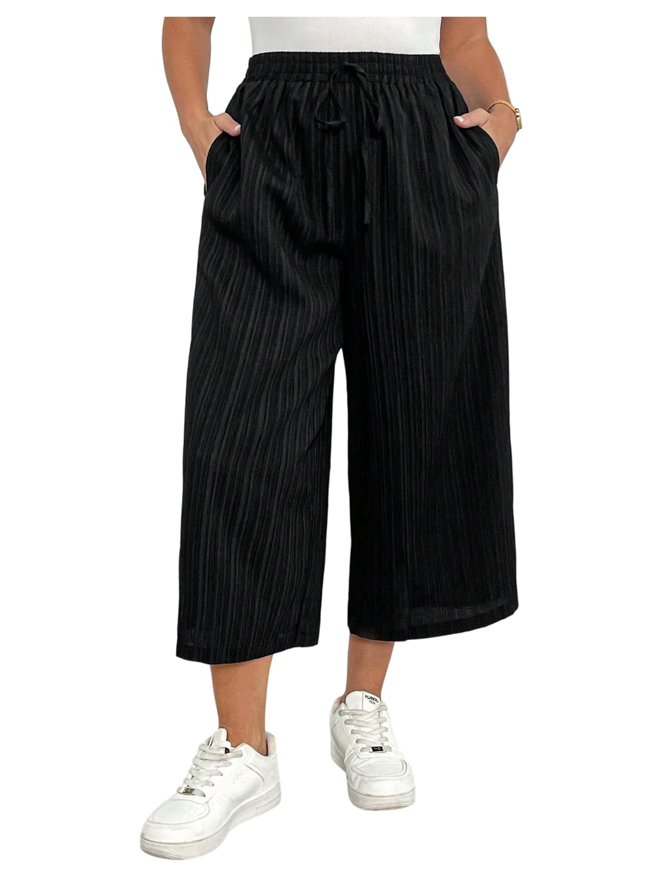 Verdusa Womens Plus Size Textured Wide Leg Baggy Capris High Waisted Gaucho Pants with Pockets
