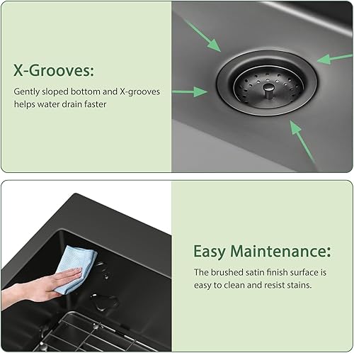 Miniatura 5 de Fregadero de cocina de 30 x 22 pulgadas, negro, de montaje superior, acero inoxidable de calibre 16, hecho a mano, fregadero de cocina de un solo