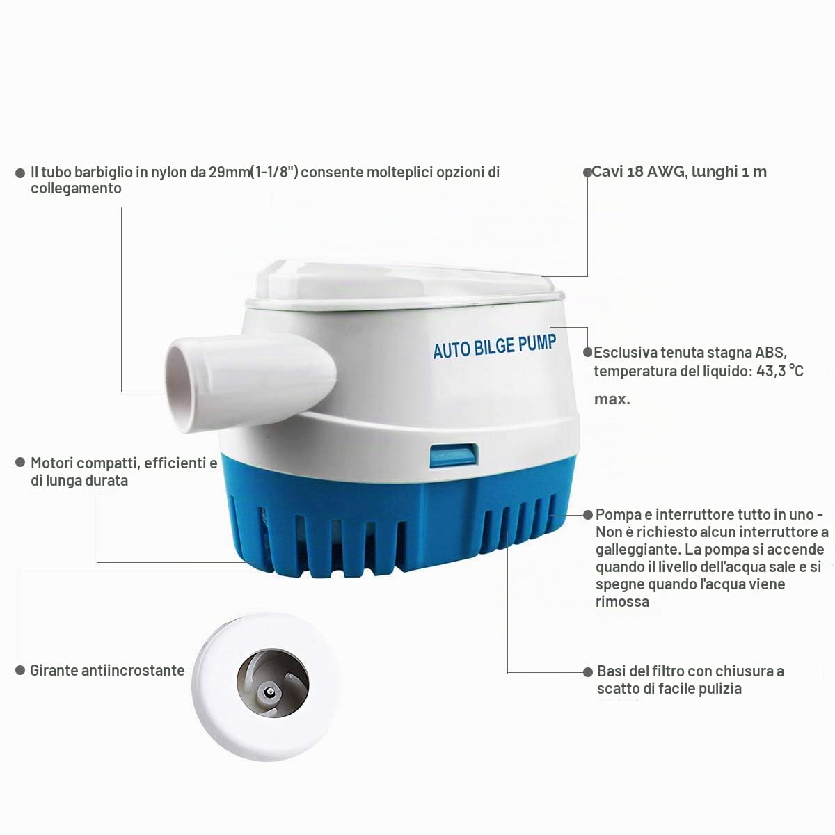 BACOENG Pompa di Sentina con Galleggiante, Pompa Sentina 12v Automatica per Imbarcazioni 1100GPH/70LPM
