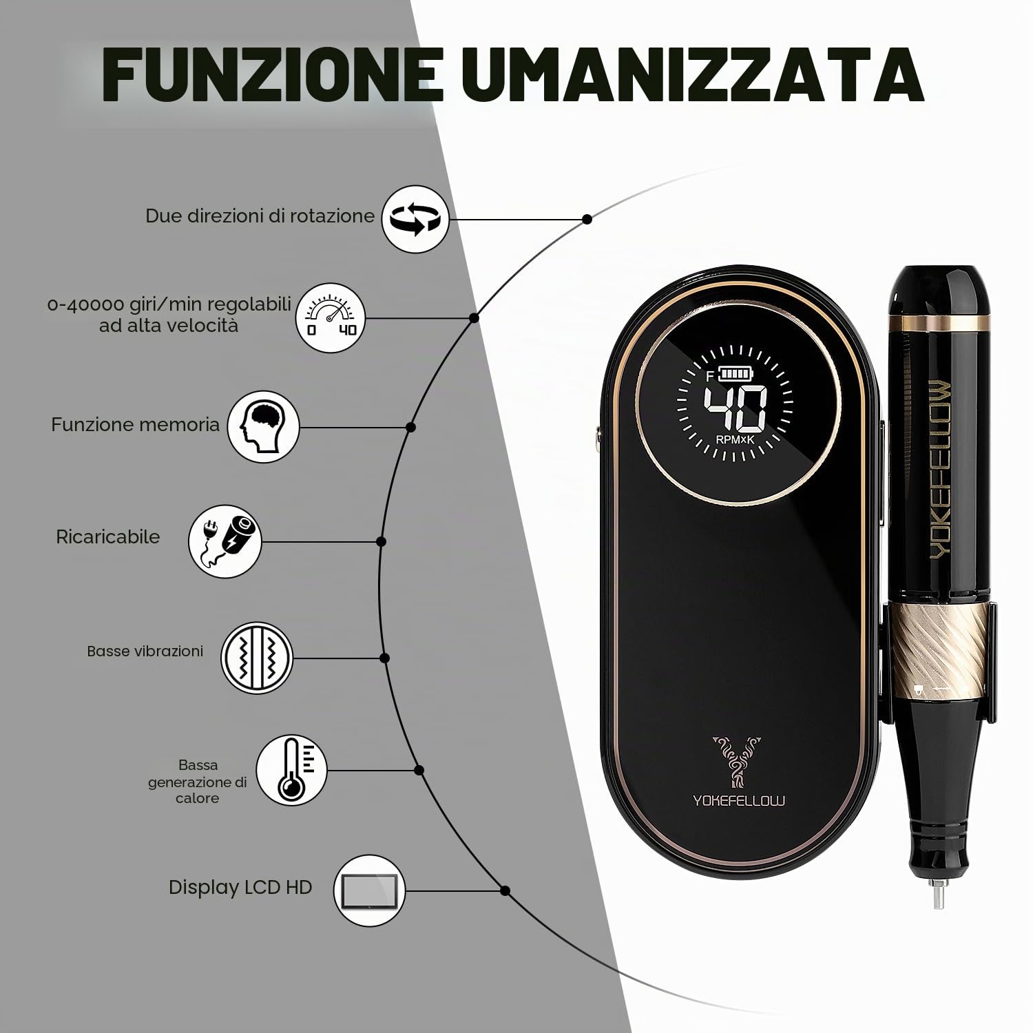 Yokefellow - Trapano per unghie, 40000 giri/min, lima professionale ricaricabile con spazzola per polvere e 17 punte per unghie, per manicure in acrilico/polvere a immersione, Regno Unito