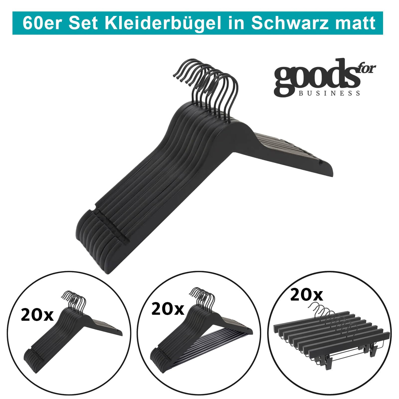 Kleiderbügel Holz 60-teiliges Set, jeweils 20 Holzbügel mit und ohne Steg B44 cm und 20 Klammerbügel 36 cm, Garderobenbügel Ausführungen (Schwarz matt)