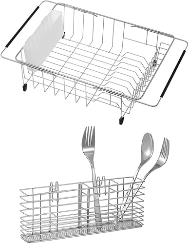 SANNO Escurridor de platos expandible para fregadero o en el mostrador, organizador de cubiertos de acero inoxidable, organizador de cestas