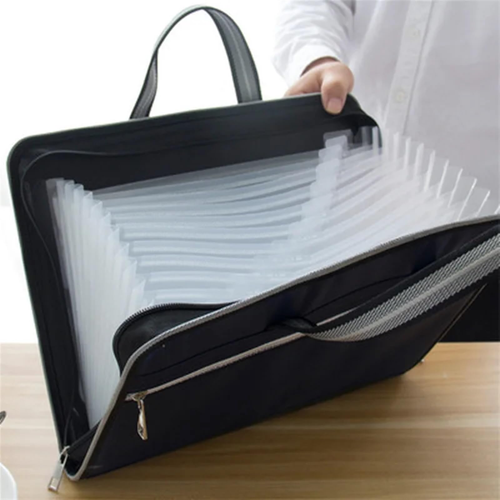 Carpeta Clasificadora Carpeta de lona y cuero for oficina, 12 capas, cartera expansible, organizador de documentos, carpeta de archivos A4, 36x28cm, bolsa de gran capacidad para Oficina/Negocios/Estud