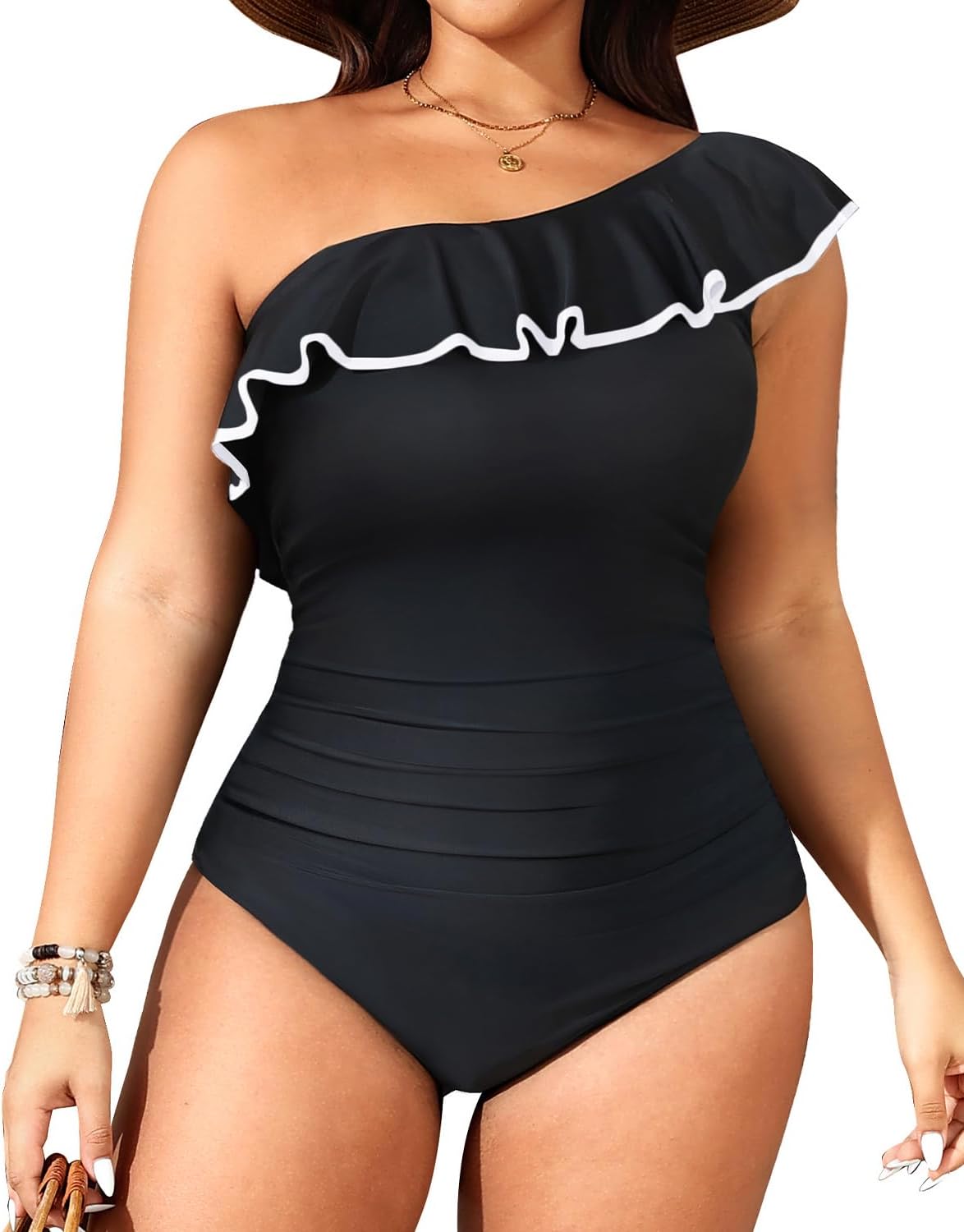 Aqua Eve Plus Size Bathing Suits for Women One Piece Swimsuits One Shoulder Ruffle Tummy Control Swimwear