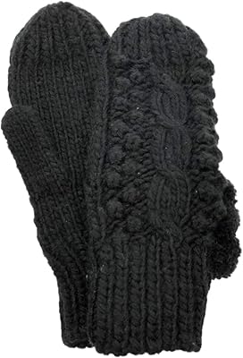 Womens Lumpy Black Knit Pom Pom Winter Mittens