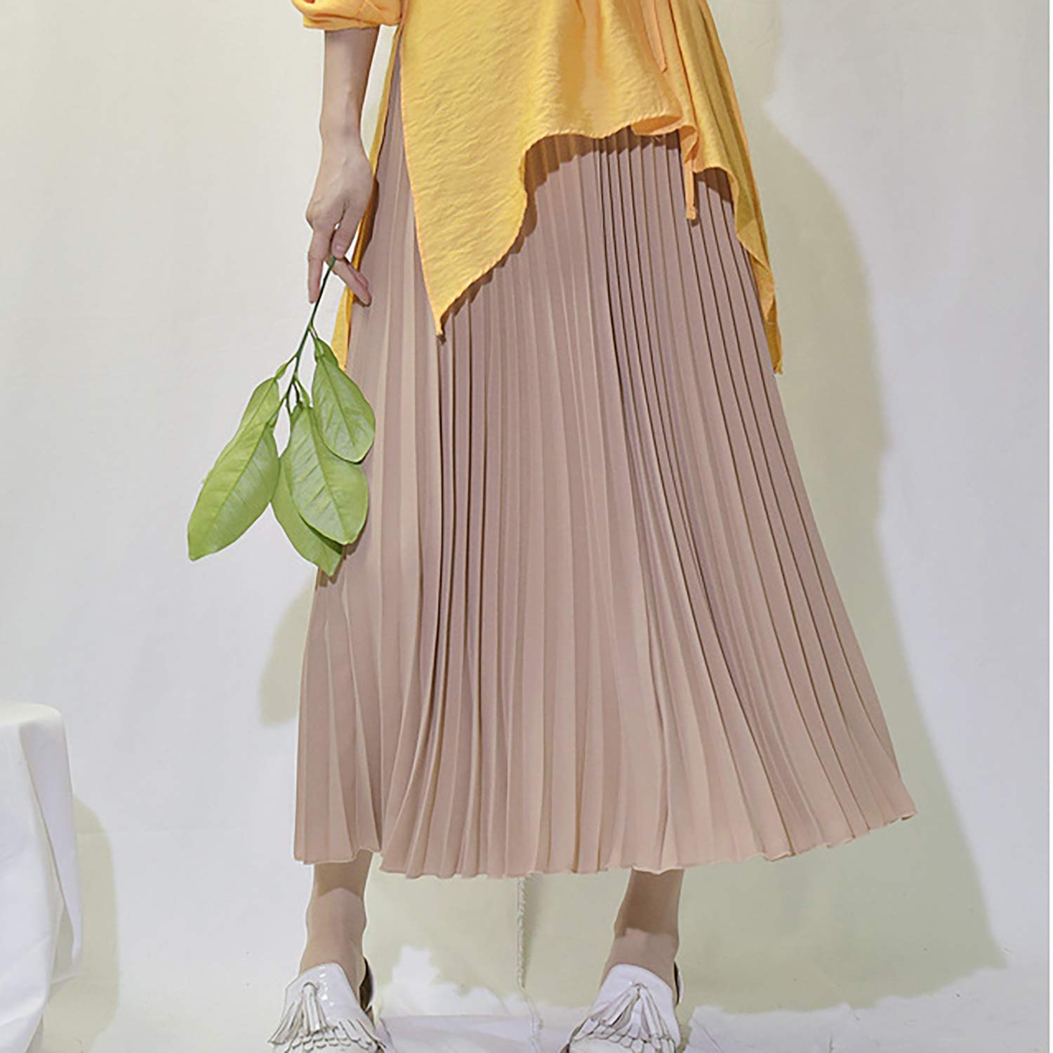 Falda Plisada para Mujer y Niña Longitud Máxima Falda Maxi Plisada Gasa Elástica Falda Larga Plisada Cintura Elástica para Primavera Verano Otoño Longitud de la Falda 90cm Liso