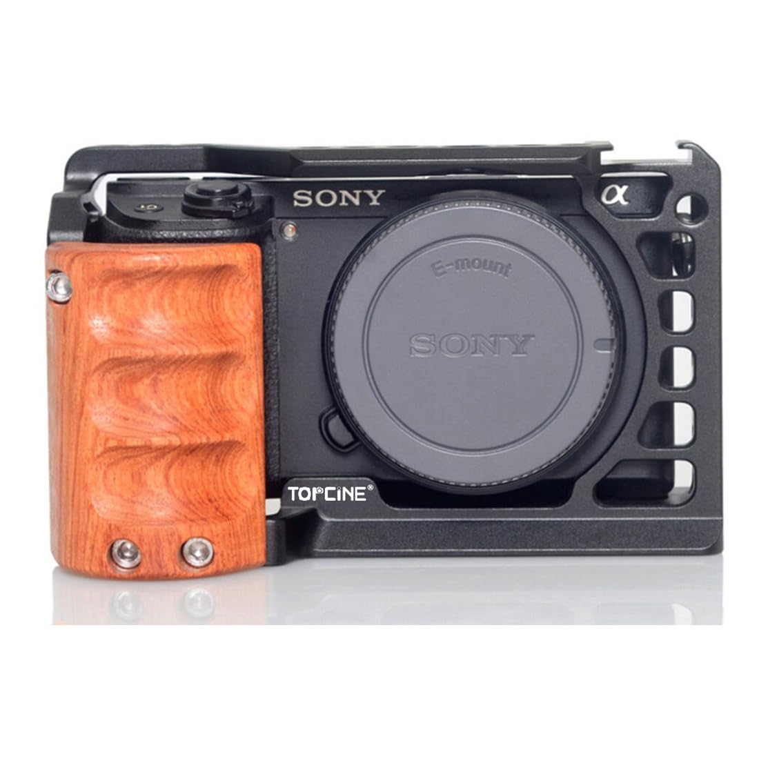 Gabbia per fotocamera con manico in legno, compatibile con la fotocamera Sony Alpha A6400 A6300 A6000 A6100 con fulmini, fori di posizionamento della maniglia, più fori per viti da 1/4" 3/8"