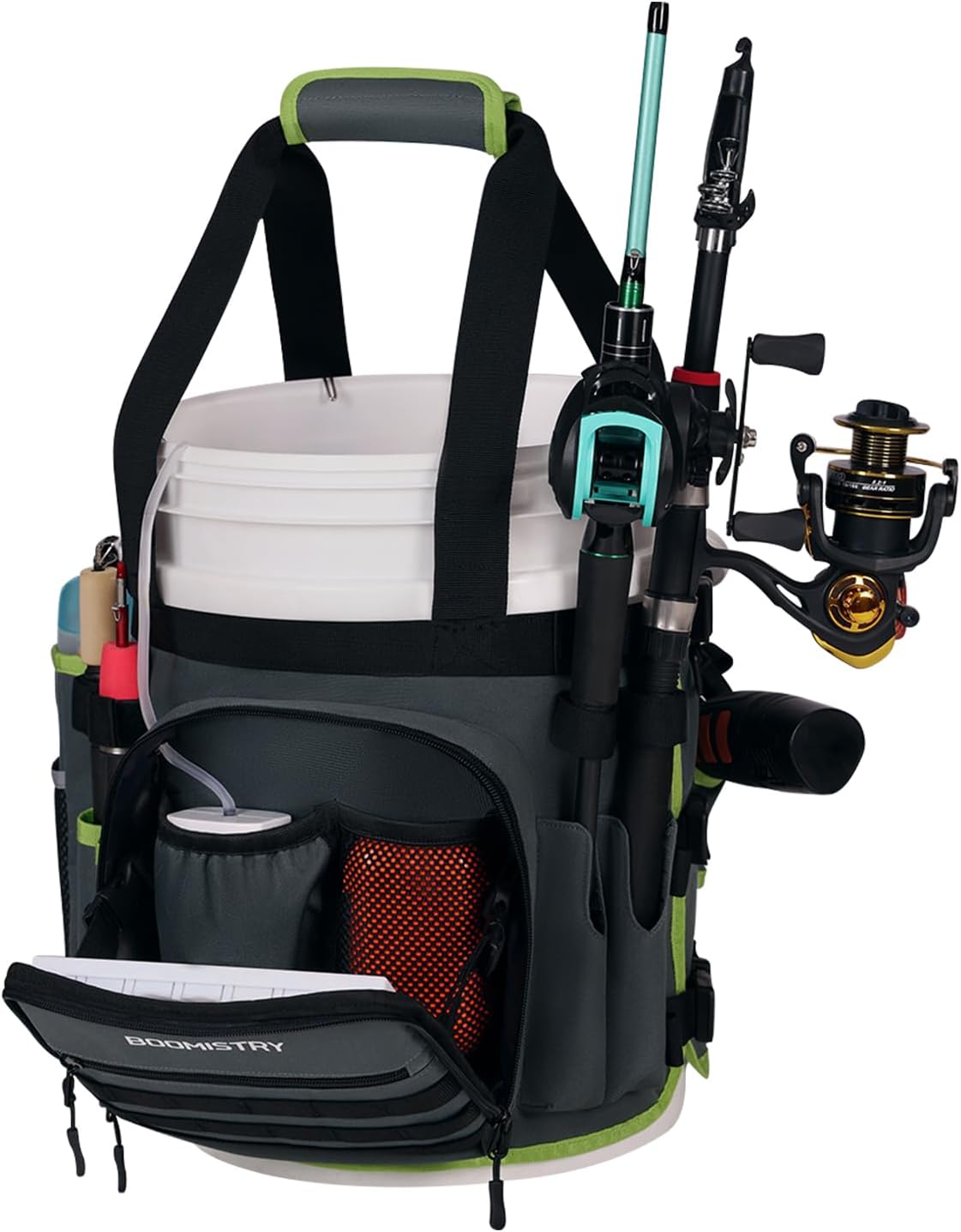 Boomistry Fishing Bucket Organizer for 5 Gallon Bucket Accessories, Fishing Tackle Bag with Adjustable Buckle, Fishing Rod Bag with 15 Multi-Pockets for Fishing Gear and Equipment (Dark Gray)