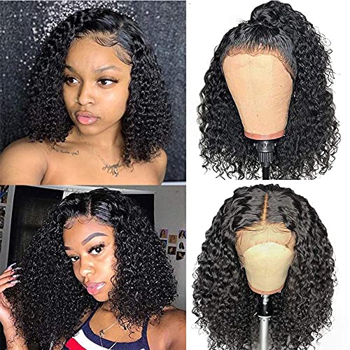 FASHION PLUS Short Curly Bob Wigs Human Hair Brazilian Virgin Bob Human Hair Lace Front Wigs Human Hair 13x4 Lace Part 150% Density Pre Plucked with Baby Hair 12 Inch