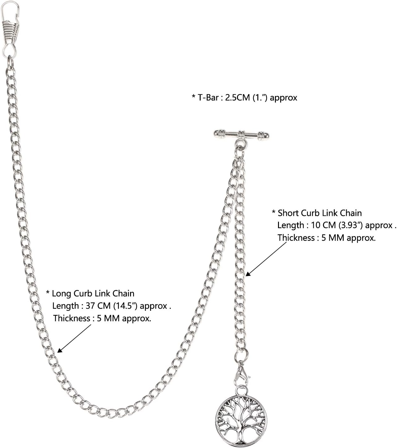 TREEWETO Men's Albert Chain Pocket Watch Curb Link Key Chain 2 Hooks with Antique Life Tree Pendant Design Charm Fob T Bar
