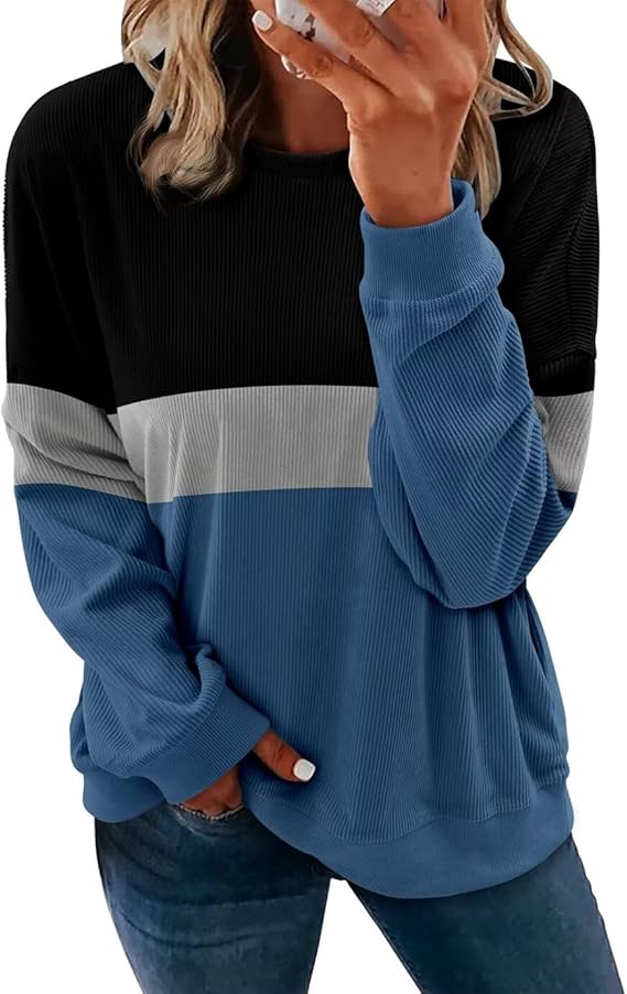 KISSMODA Womens Casual Long Sleeve Sweatshirts Color Block/Solid Tops Corduroy Crewneck Tunic Pullover with Pockets