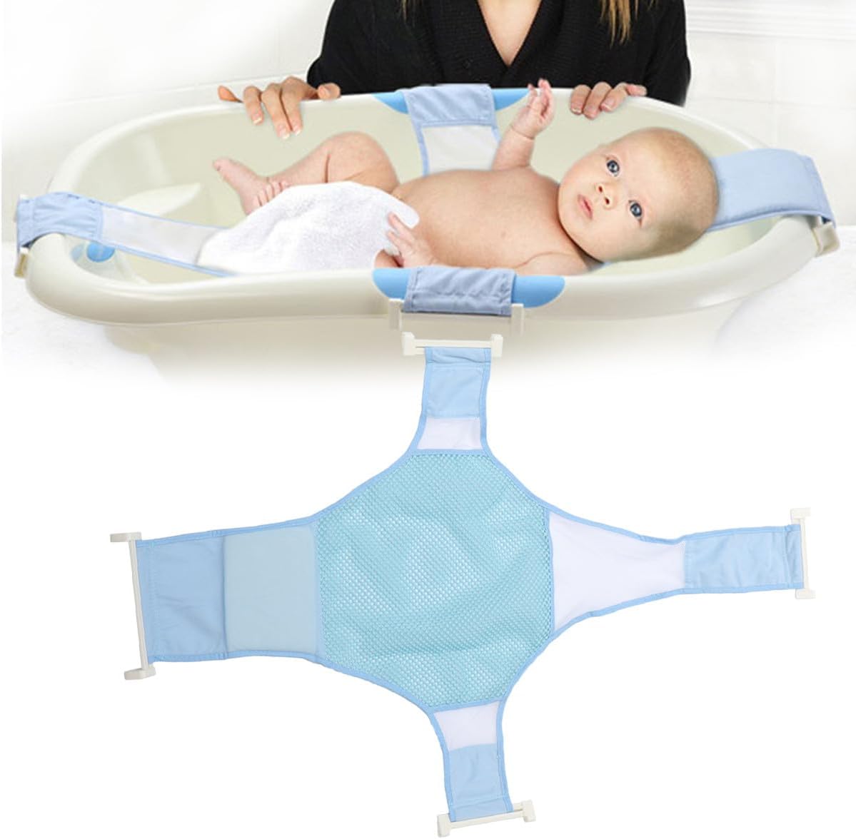 Adjustable Bath Seat Support Net Non-Slip Cross-Shaped Shower Mesh Bath Bed with Anti-Slip Blue Pad for Newborns and Safe Bathing Comfort