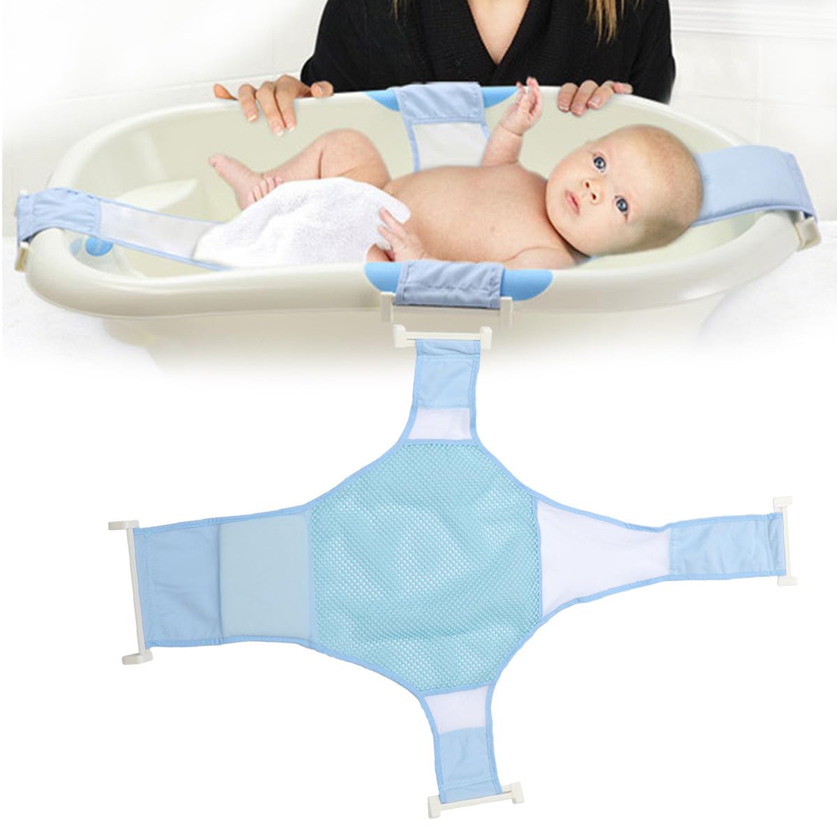 Mikinona Bath Seat Support Net for Newborns and Infants, Adjustable Cross-Shaped Non-Slip Blue Mesh Shower Bed, Bathing Safety Mesh for Care and Bath Time