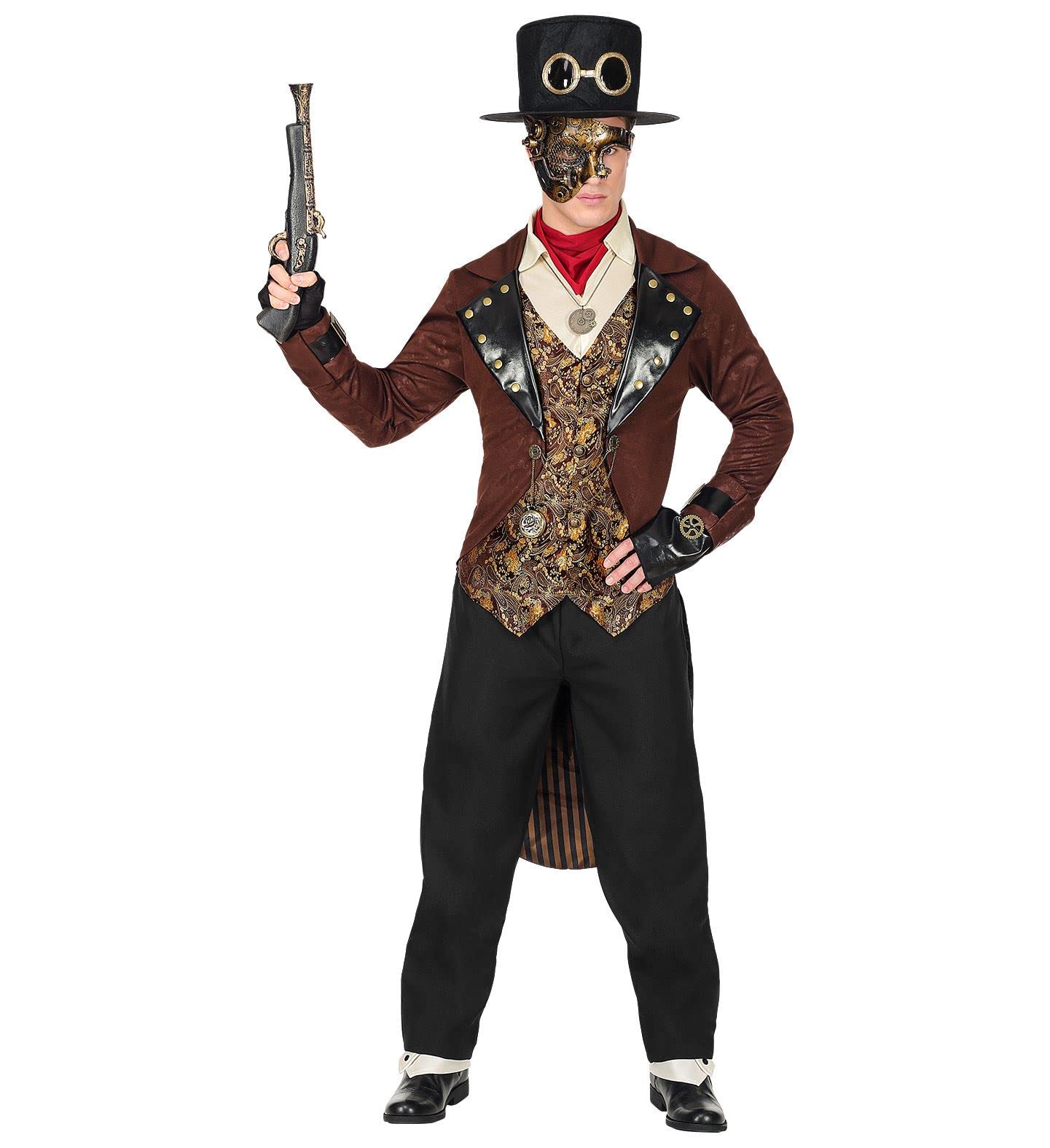 W WIDMANN MILANO Party Fashion 08083 Widmann 08083 Steampunk Costume, Tailcoat with Shirt and Vest, Trousers, Ascot, Fingerless Gloves, Cylinder, Theme Party, Carnival, Men, Brown, L