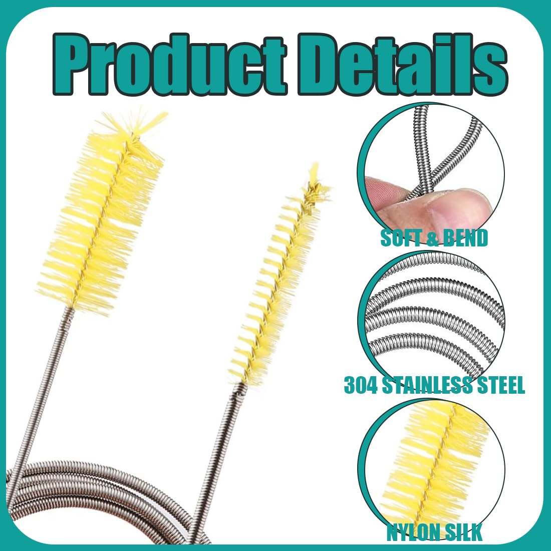 Tube Brushes, Spazzola flessibile per la pulizia degli scarichi da 200 cm, design a doppia testa, strumento sottile per la pulizia dei fori di scarico, adatto per cucine e bagni (giallo)