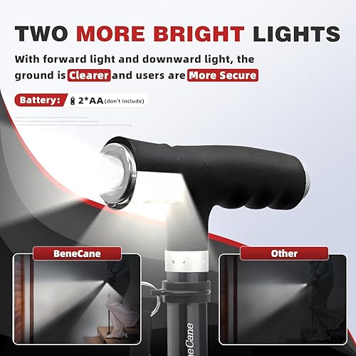 Miniatura 2 de Bastón para caminar BeneCane para mujeres, bastón plegable para hombres con dos luces LED, bastón cuádruple con base estable, bastón de caminar
