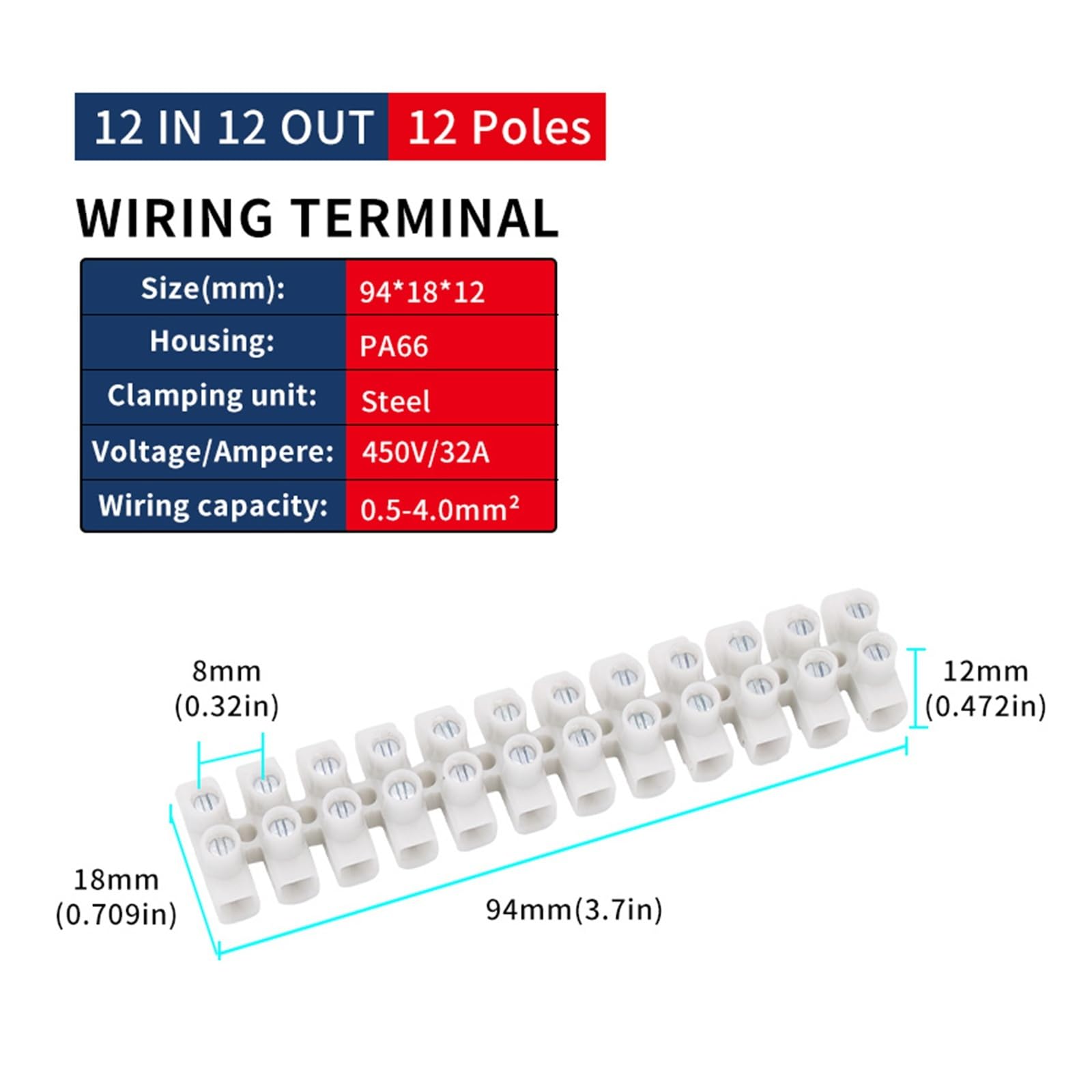 Bloque de terminales Tira de 12 posiciones 450V/32A PA66 Conectores de equipos eléctricos Conector de cable ignífugo de plástico de 0,5-4 mm²