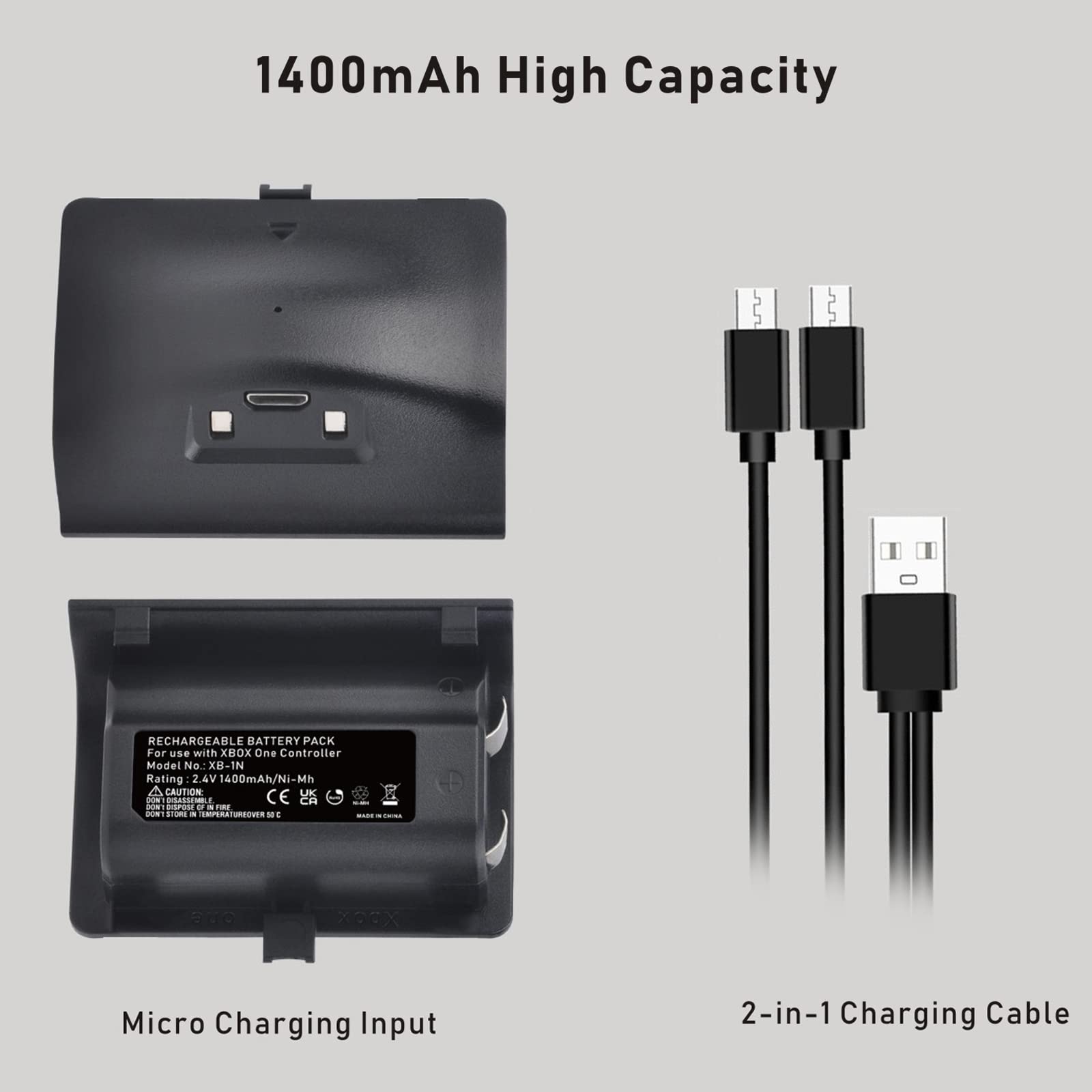 Xbox-One Akku 2 Pack 1400mAh Xbox Controller Akku Wiederaufladbarer mit Micro-USB-Ladekabel für Xbox-One X&S