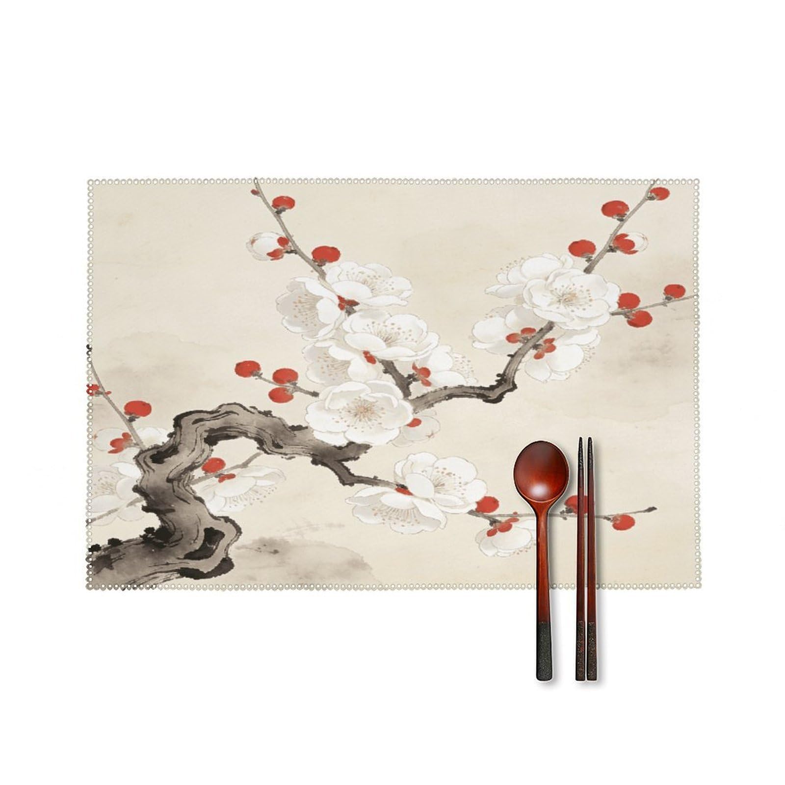 Plum Blossoms Adorned with Red Placemats Washable Canvas Place Mats Decoration Placemat for Dining Table Easy to Clean Tables Mat Set of 6 for Kitchen Dining Room Coffee Table