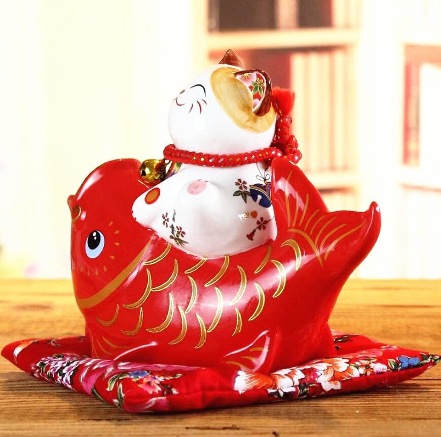 Miniatura 2 de EatingBiting Figura de gato Feng Shui Lucky Fortune Maneki Neko de 7.3 pulgadas, hucha de cerámica dañada para gatos y peces, Feng Shui, gato de la