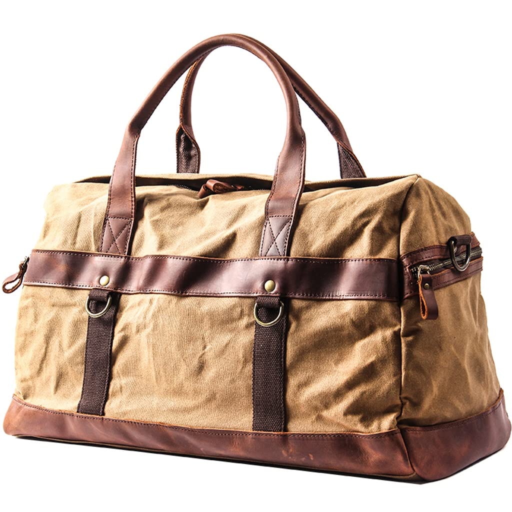 HBJWOV Waterproof Waxed Canvas Leather Men Travel Bag Hand Luggage Bag Carry on Large Tote Vintage Men Duffle
