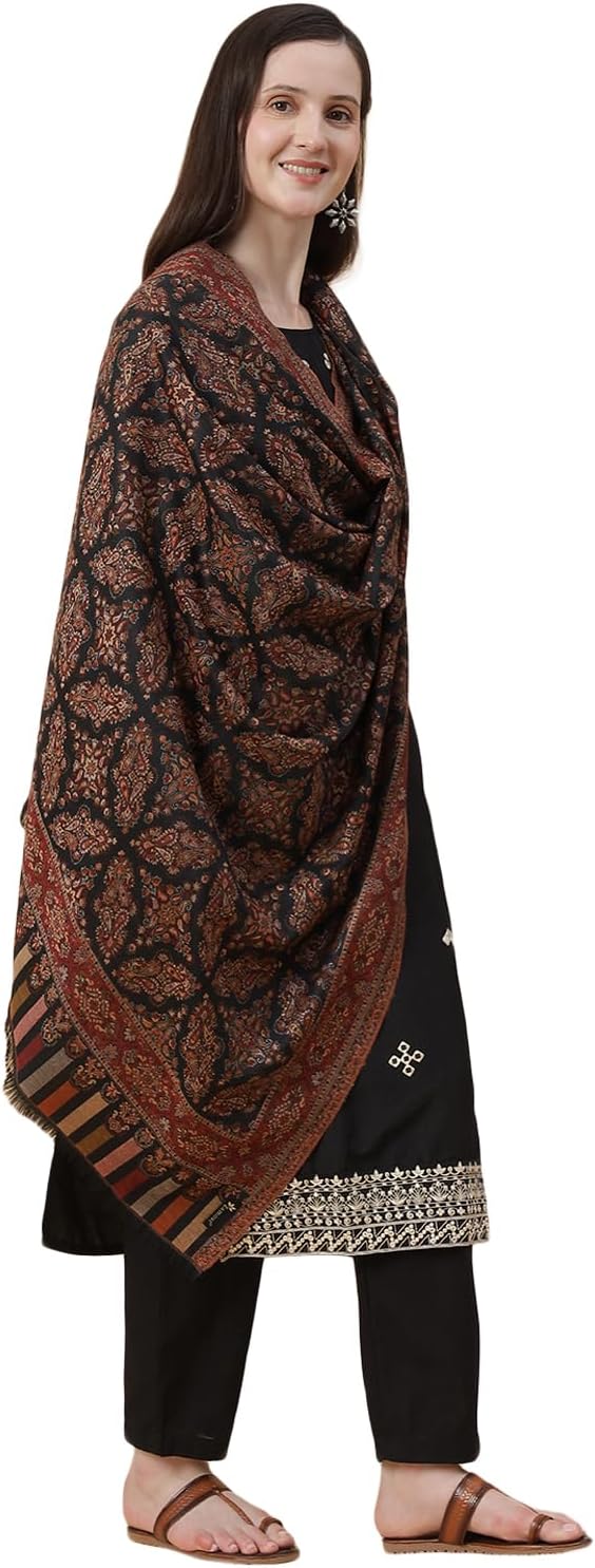 Zamour Kani Wool Shawl for Women – Soft Warm Paisley Wrap, Winter Woven Large Scarf with Pashmina Feel 40x80 inches (Black)