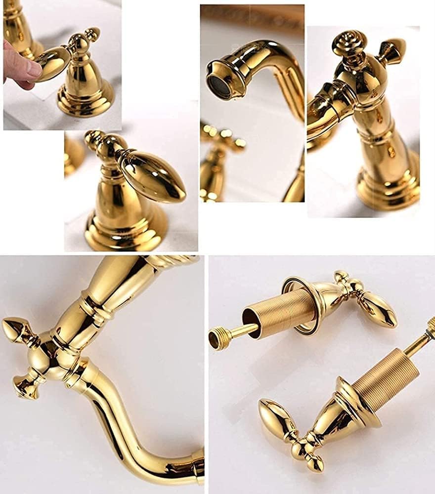 -Taps Faucets Hot Cold Golden Plating All Bronze Faucet 3 Holes Hot and Cold Double Handle Bathtub Faucet Deck Installation with Hose