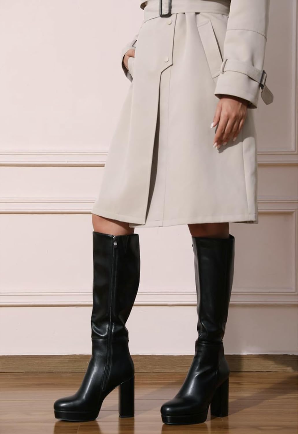 Black Platform Knee High Wide Calf Boots for Women with Chunky Heel Round Toe Side Zipper Tall Long Boots - Image 7