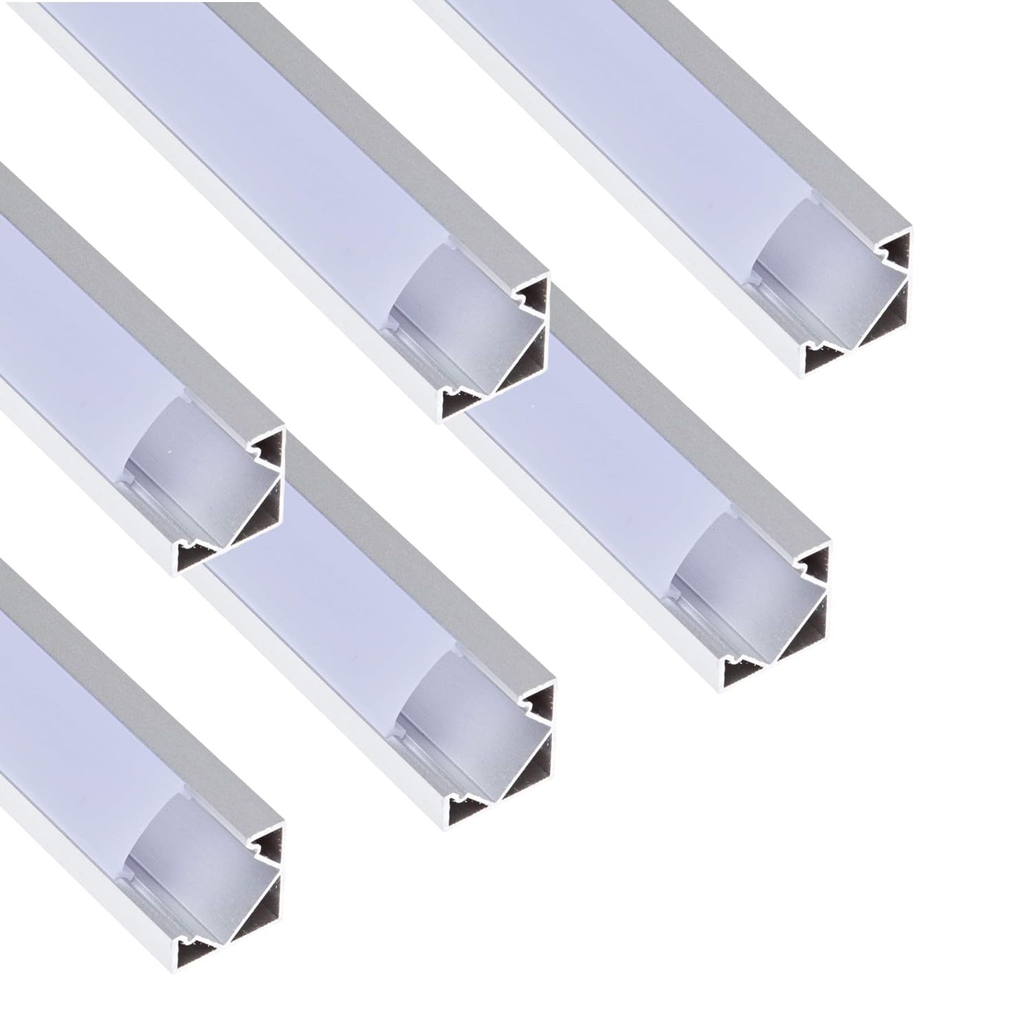 Jandei - Confezione da 6 profili in alluminio in tratti da 1 metro, forma V per l'installazione di strisce LED in angoli a 90°, diffusore semi-trasparente. Include tappi e clip per il montaggio