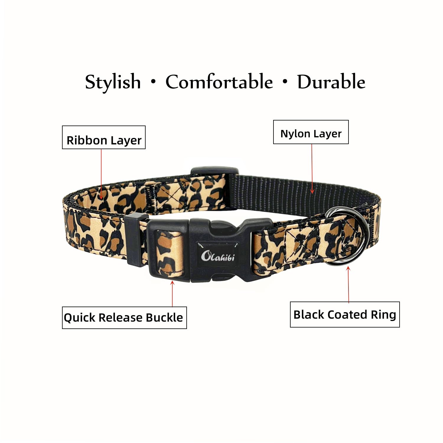 Olahibi Basic Dog Collar, Nylon Webbing Plus Cotton Ribbon, Leopard Pattern, for Small Dogs.(S, Brown Leopard) - Image 2