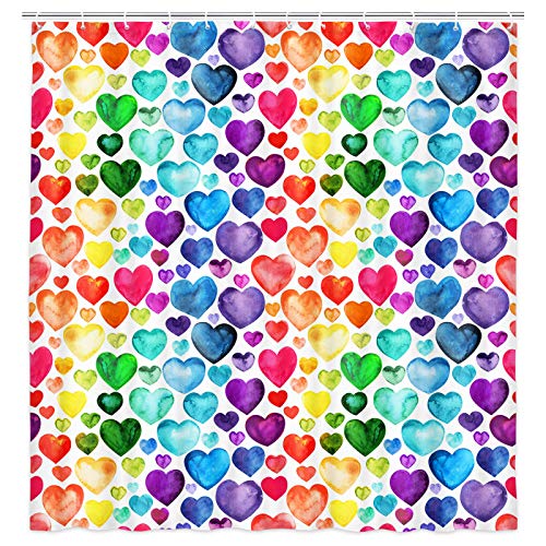 Wathon Colorful Heart Shower Curtain, Rainbow Valentine Romantic Heart Cute Bathroom Decor, Geometric Rainbow Design Cloth Fabric Bathroom Decor Set With Hooks 72 X 72 Inch thumb #4