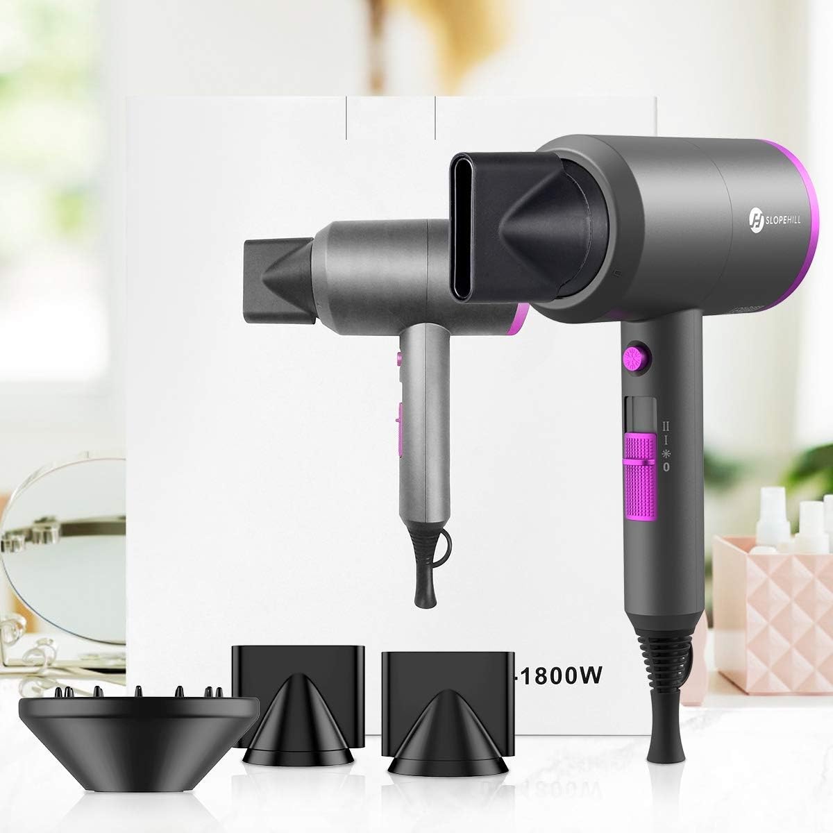 Ionen Föhn AC Motor 1800W Haartrockner, slopehill Schnelltrocknen Hair Dryer, Salon Haarfön mit Heiß-/Kalttaste, 3 Fön Concentrators and Diffuser, 3 Temperatureinstellungen, 2-Gang（Violett）