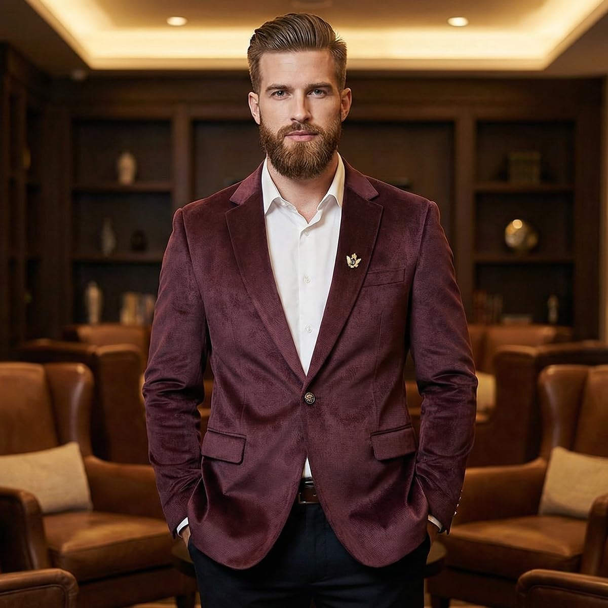 Men's Casual Velvet Blazer for Men one-Button Lapel Tuxedo Jacket with Brooch Dinner Party Wedding Prom - Image 2