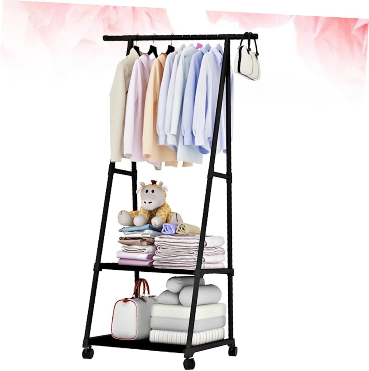 Iron Garment Rack with Wheels Adjustable Clothes Drying Hanger Metal Clothes Stand for Bedroom Storage Multifunctional Coat Rack with Hooks Black